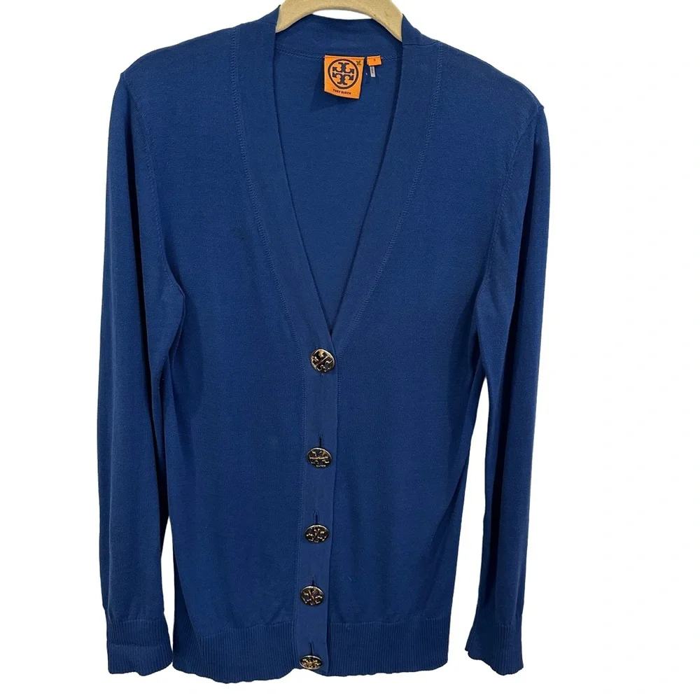 Tory‎ Burch Luxury Designer Navy Blue Signature Buttons Cardigan S